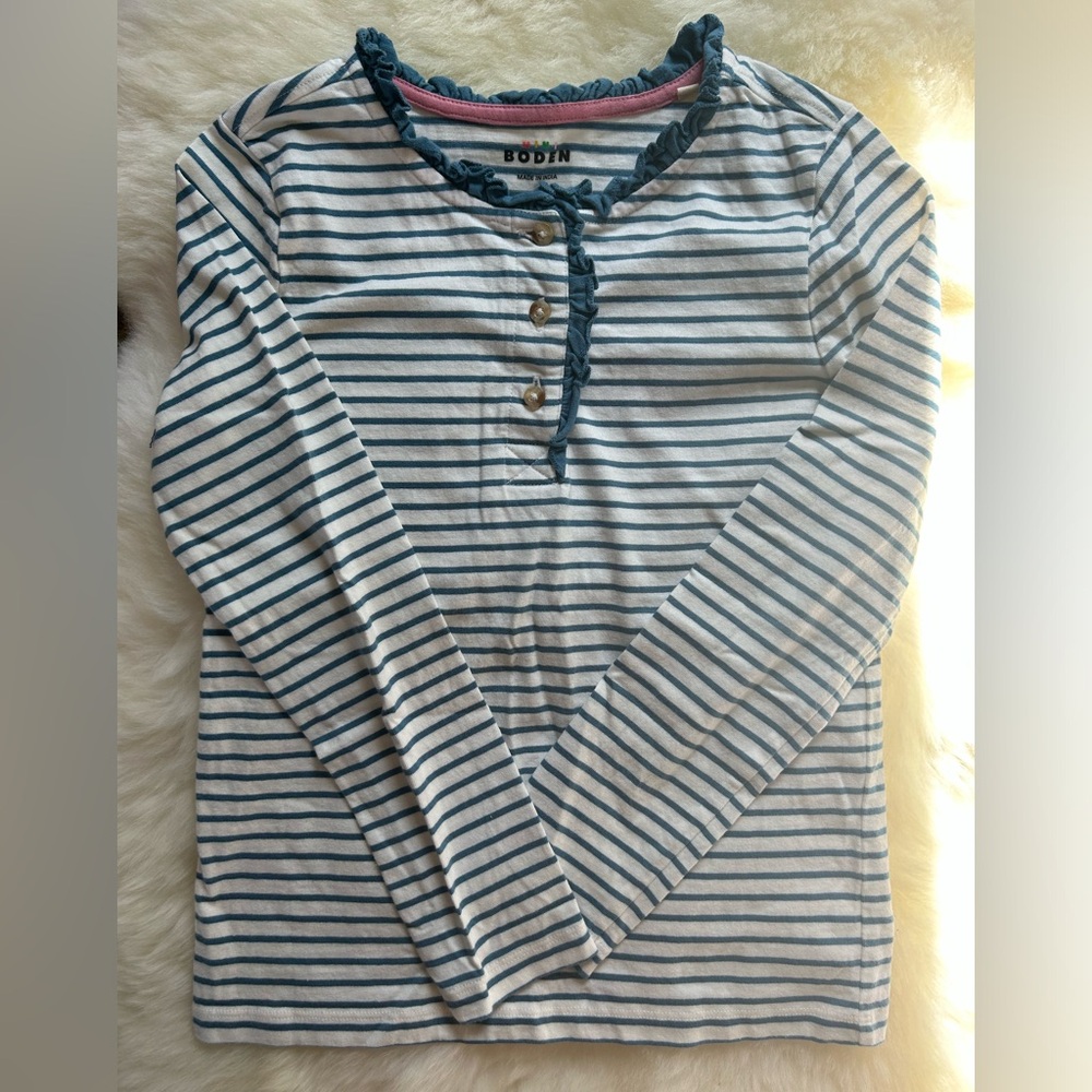Mini Boden girl’s striped henley long sleeve top teal stripes size 8-9 years